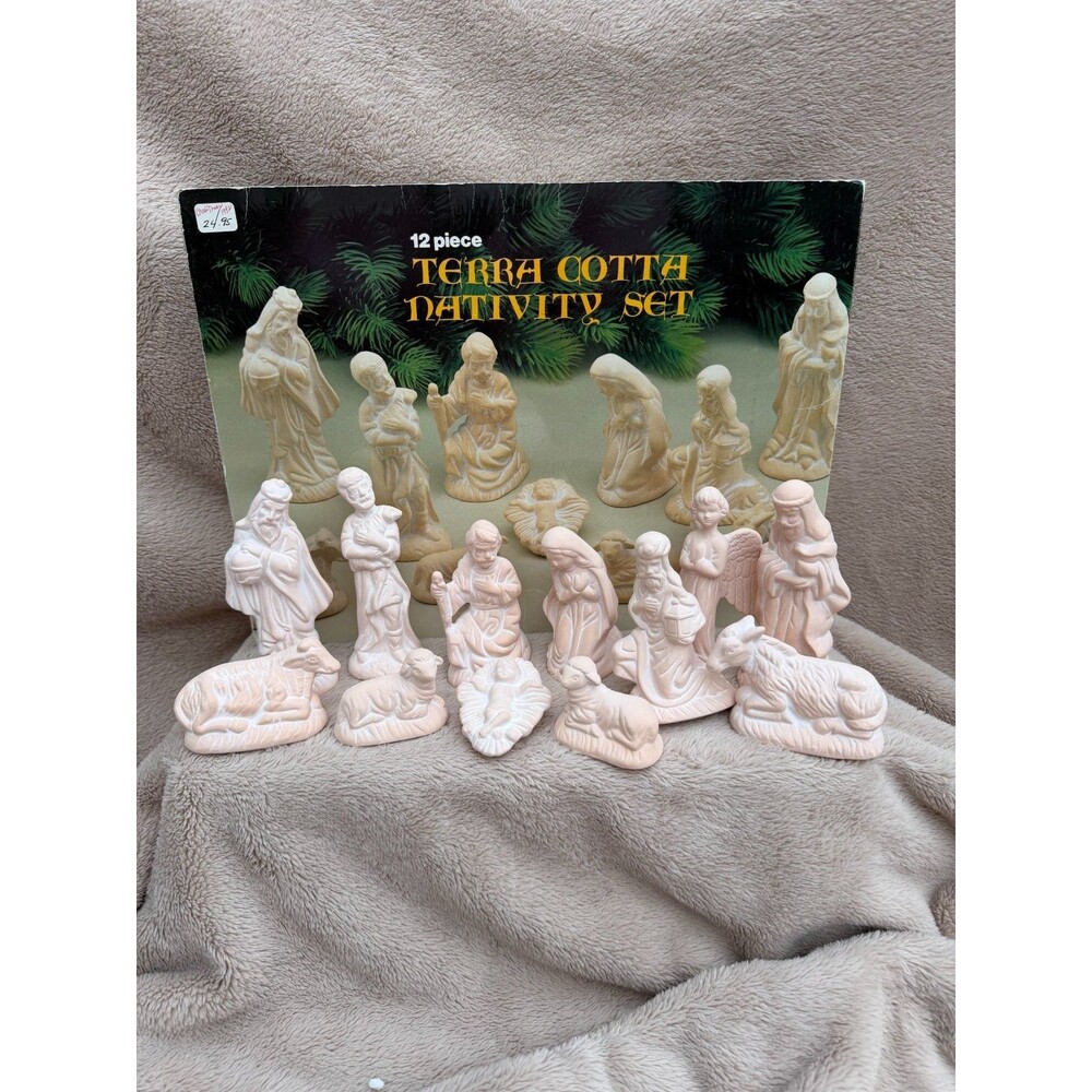Vtg 1990s Terra Cotta 12 Piece Nativity Set Holiday Christmas Figurine Box Taiwa
